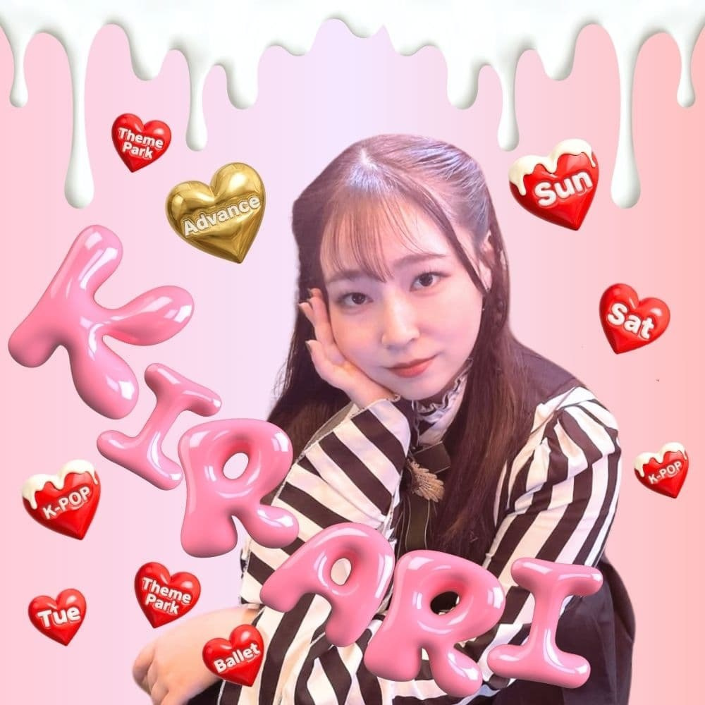 勝どき・晴海エリアのK-POP専門スタジオでアドバンスクラスを担当するKIRARI先生の紹介バナー 映像映えする表現力とプロ目線の指導力をポップな3Dデザインで表現