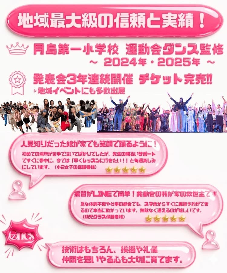 勝どきK-POPダンス専門校に通う月島第一小学校の生徒や保護者様から寄せられた楽しく垢抜けるレッスンの口コミ 笑顔あふれるスタジオの雰囲気が伝わる喜びの声